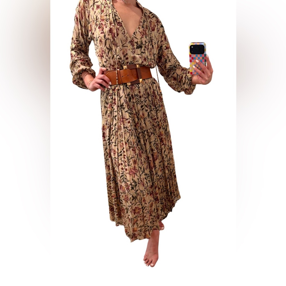Zara Long Sleeve Floral Dress with Belt - Brown and Cream